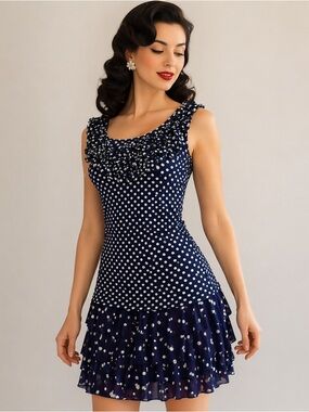Retro Pin-Up Navy Polka Dot 2 Pc Set Ruffle Tank & Tiered Mini Skirt Vtg Y2K S/M